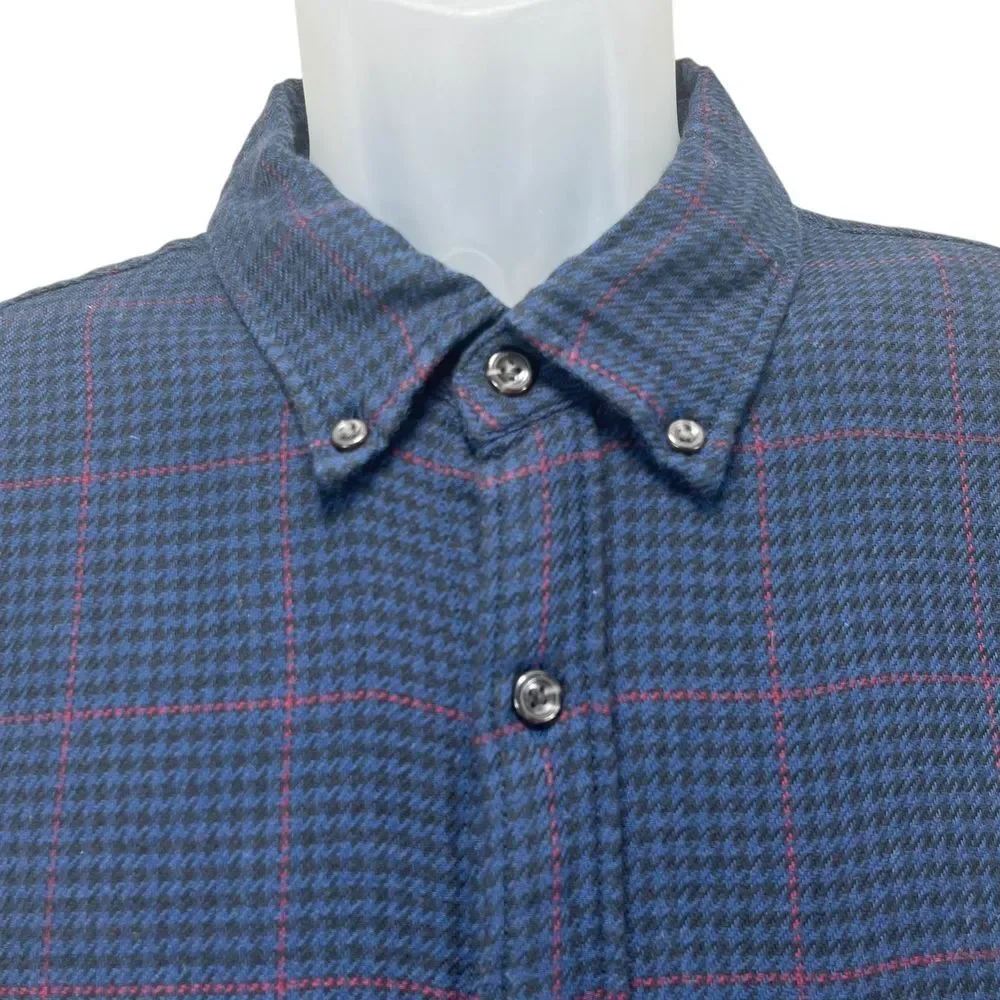 J.Crew Men's XL Slim Blue Houndstooth Check Flannel‎ L/S Shirt w/ Elbow Patch
